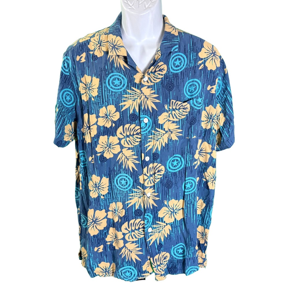 Marvel Button Down Shirt Mens XL Blue Captain America Shield Tropical Aloha